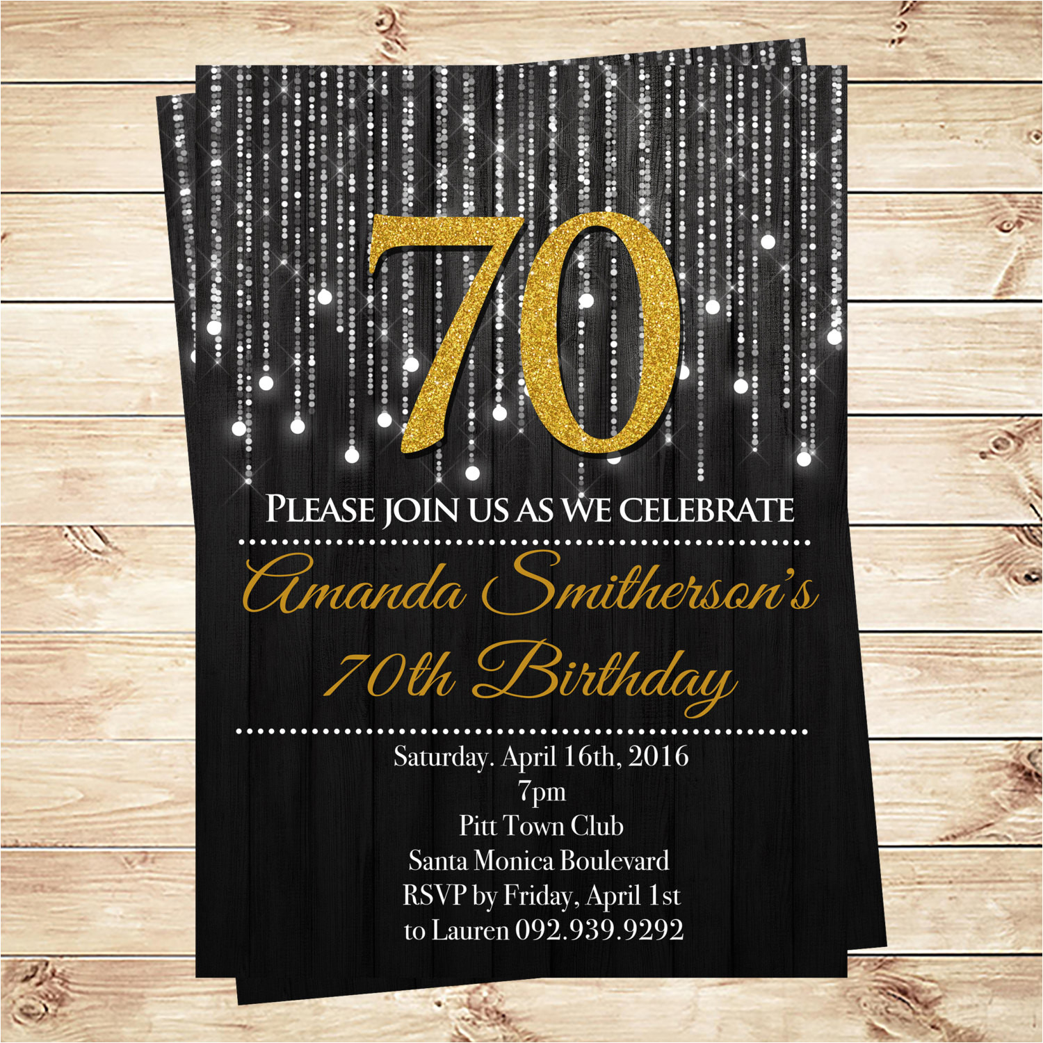 black and gold 70th birthday invitations