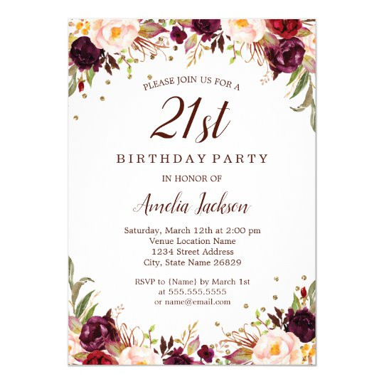 elegant gold burgundy floral 21st birthday party invitation 256018054896906690