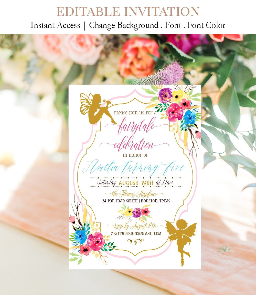 fairy birthday invitation template digital printable c7