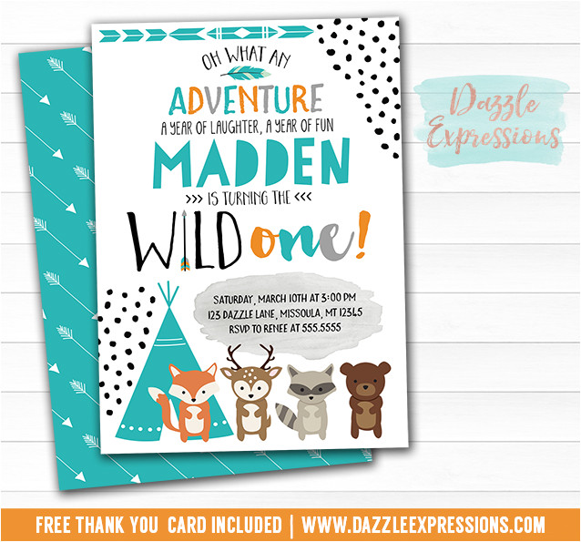 wild one tribal woodland invitation 1 free thank you card and back side
