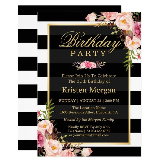 elegant floral black white stripes birthday party card 256944599664709607