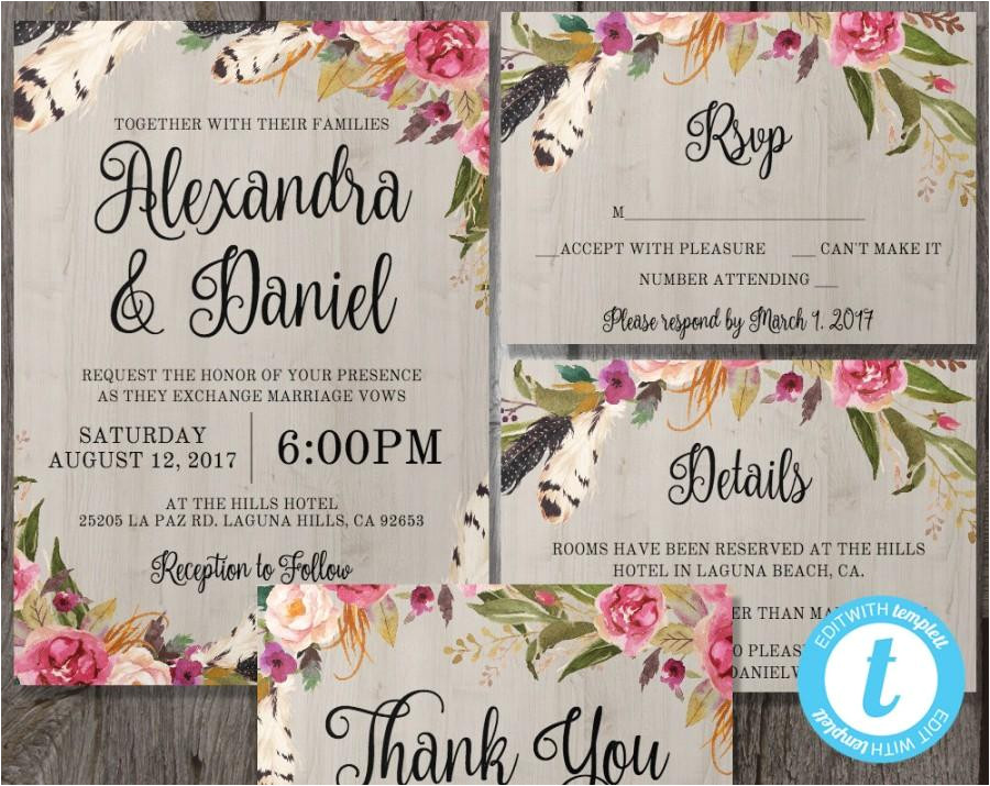 printable boho wedding invitation template set rsvp details bonus thank you card instant download edit in our web app boho chic