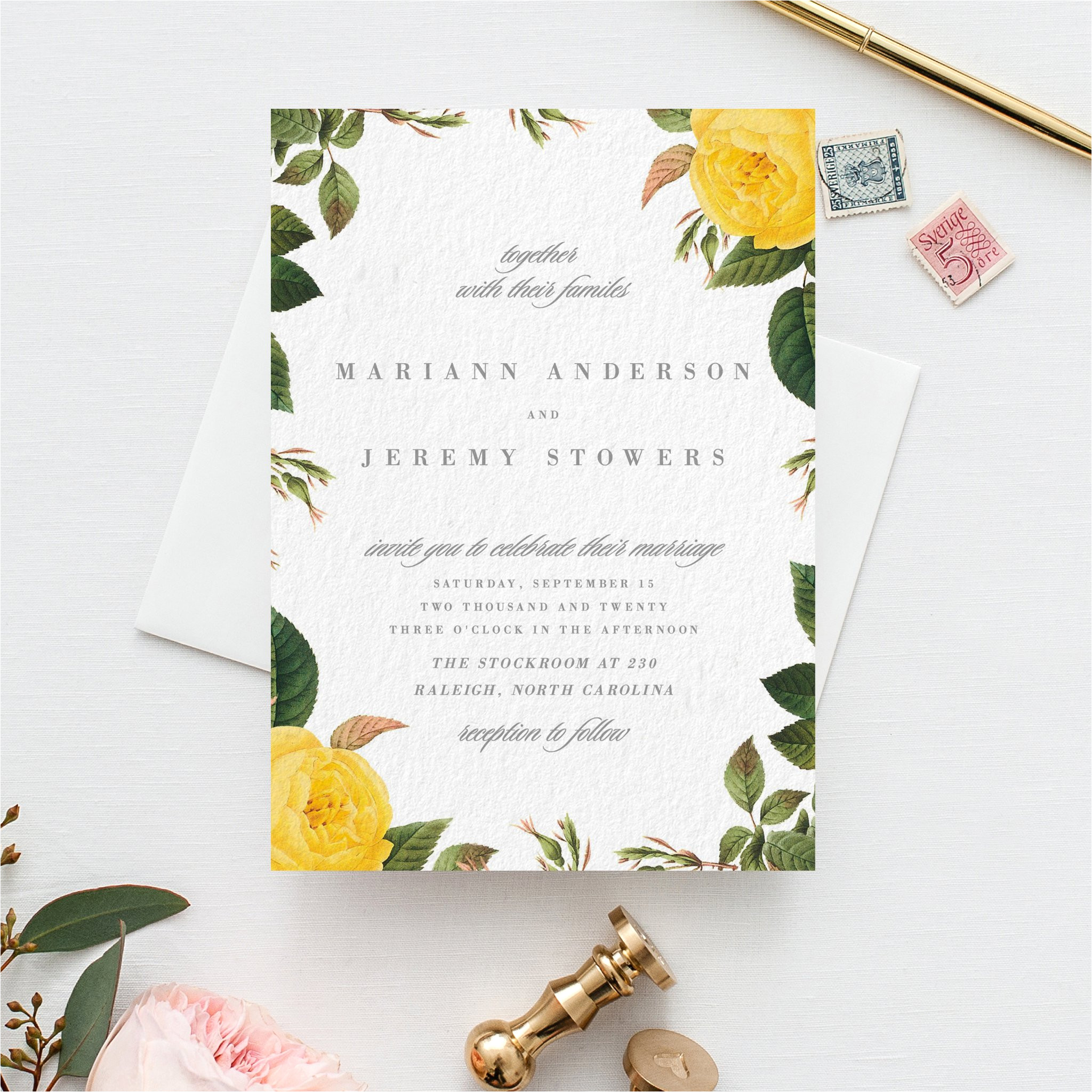 botanical floral wedding invitation yellow flower pdf template