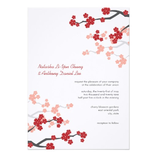 red sakura cherry blossoms flowers chinese wedding invitation card