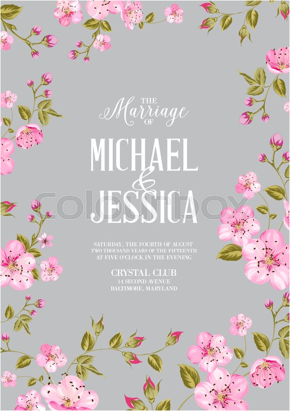 wedding invitation on fabric background spring flowers cherry blossom vector 15476021