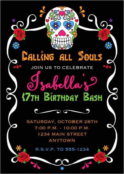 sugar skulls day of the dead custom birthday invitation printable