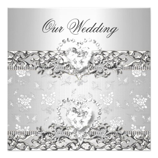 elegant wedding silver white diamond heart invitation 161880203629228923