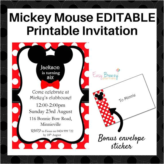 mickey mouse editable printable party invitation