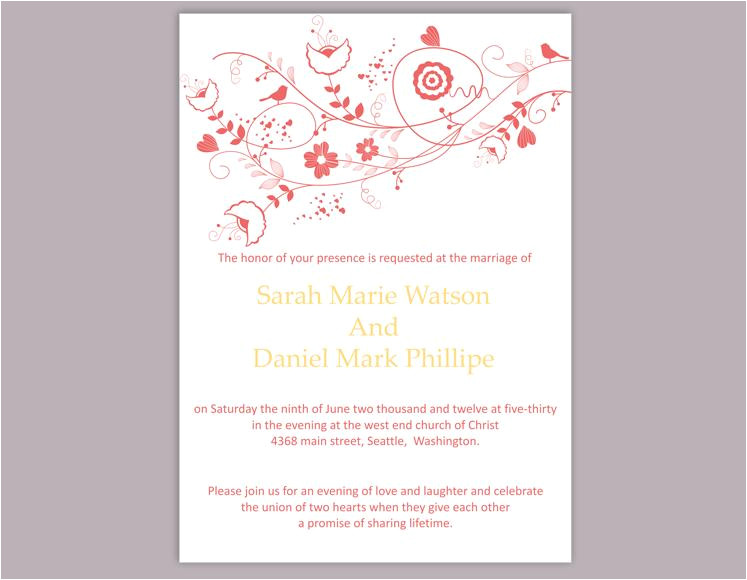 diy wedding invitation template editable word file instant download floral wedding invitation bird invitation printable red invitations