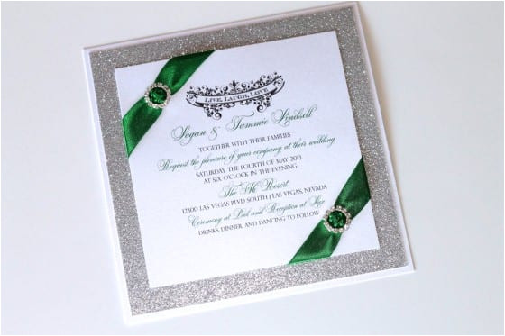 gorgeous emerald green and silver glitter wedding invitations