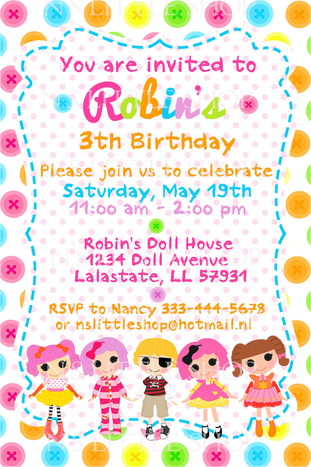 button doll birthday invitation card