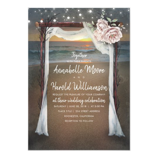 beach arch sea sunset string lights wedding invitation 256114017818392810