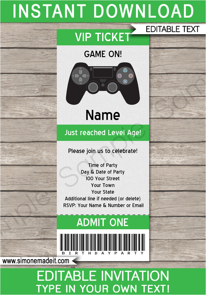 video game party ticket invitation