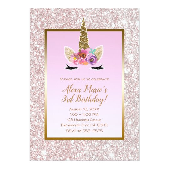 white pink glitter gold unicorn birthday party invitation 256383053361899764