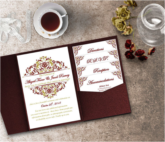 gold and maroon wedding invitation
