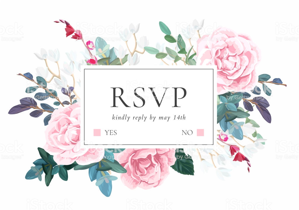 floral wedding invitation with pink roses on white background horizontal rsvp or gm922397834 253204651