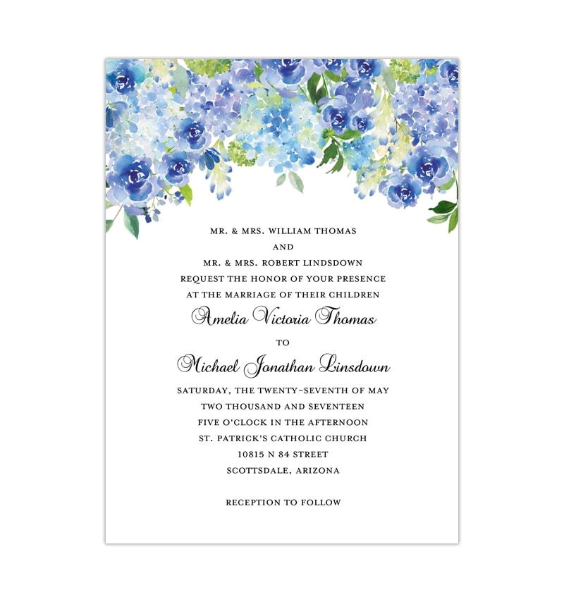 printable wedding invitation amelia blue roses hydrangea make your own diy
