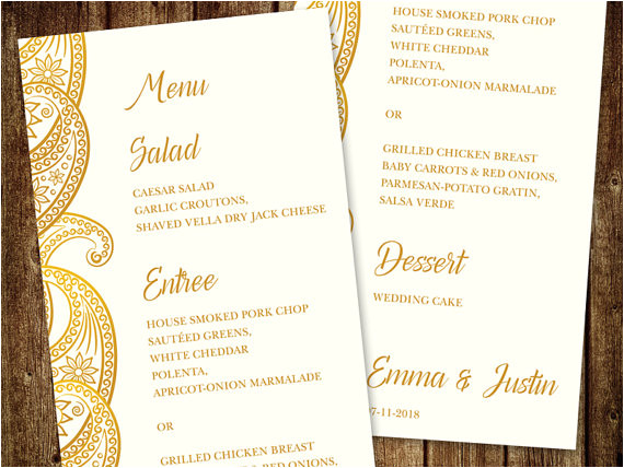 gold wedding menu template paisley diy