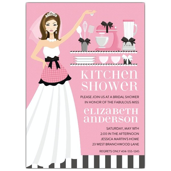 kitchen bride pink brunette shower invitations p 614 57 1085