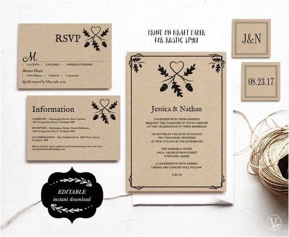 printable wedding invitation set kraft