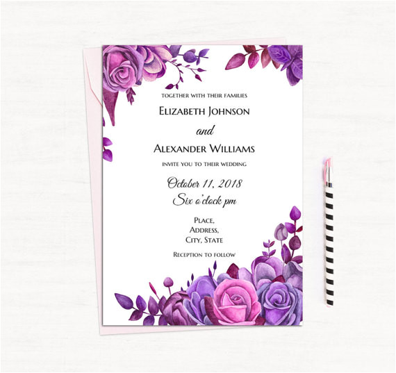purple roses invitation template floral