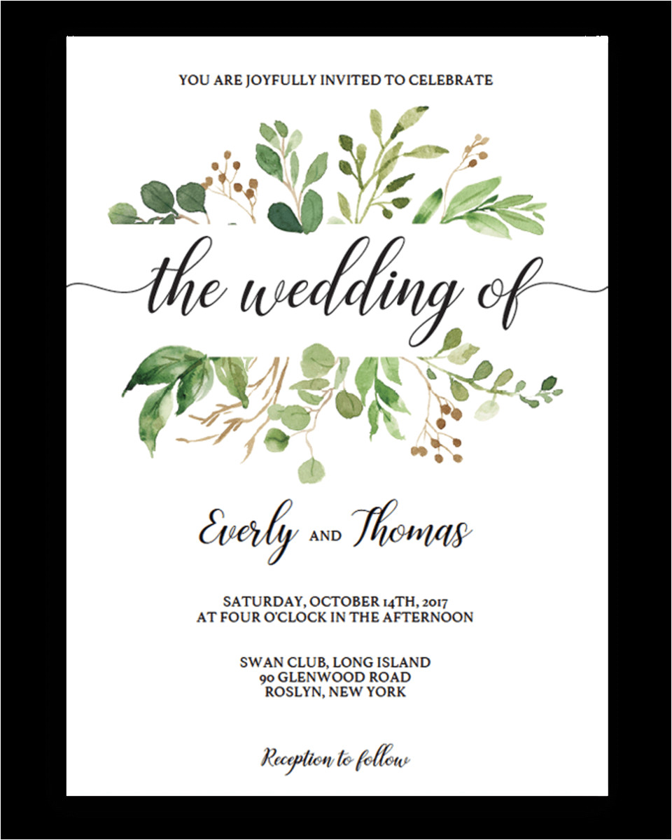 green leaves watercolor wedding invitation template