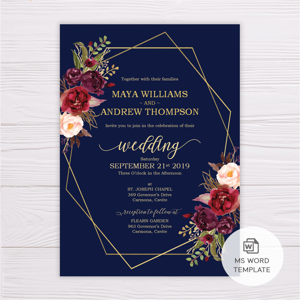 navy blue with marsala flowers gold frame wedding invitation template