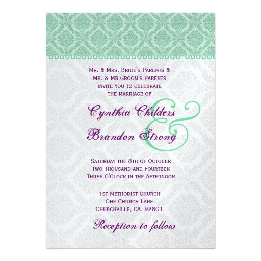 mint green and purple damask wedding template invitation 161142910622509148