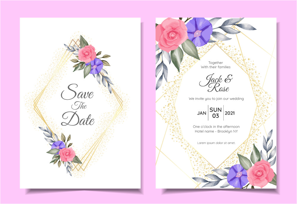 566900 modern wedding invitation cards template of watercolor floral golden geometric frame and sparkle save the date and greeting card multipurpose design concept