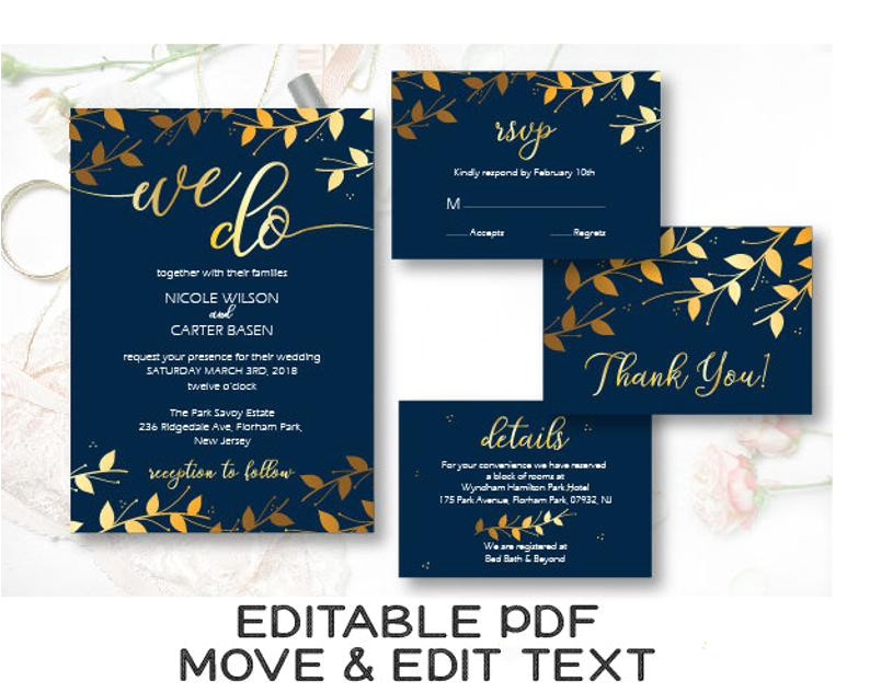 navy blue gold wedding invitation