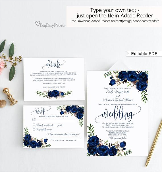 navy wedding invitation template blue