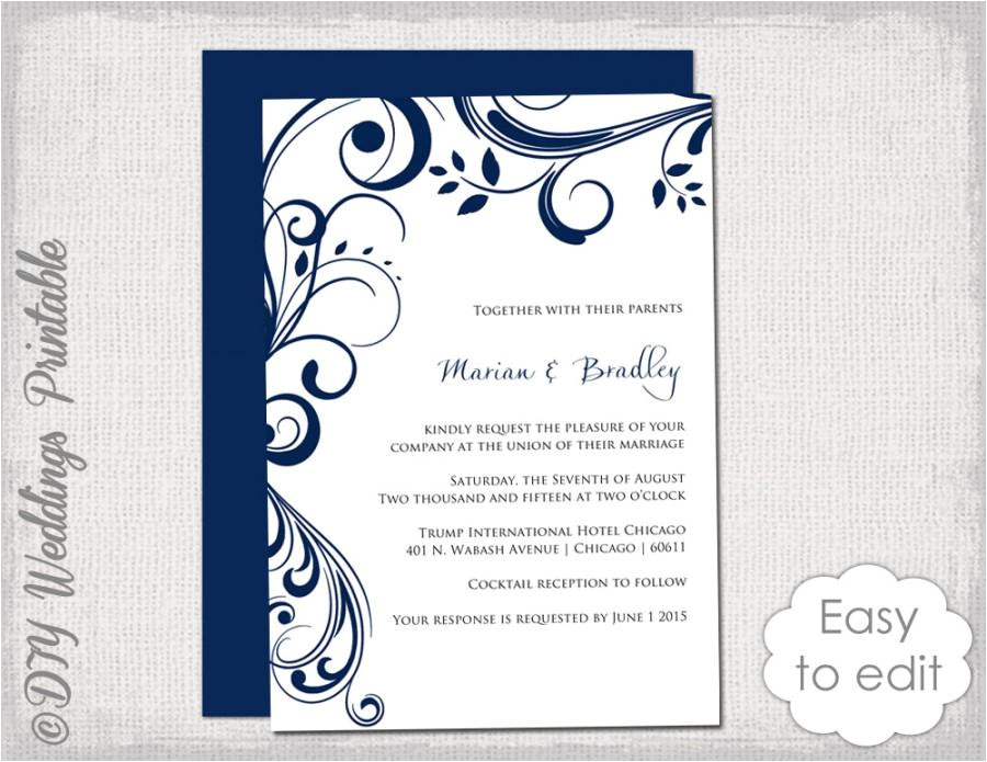 navy wedding invitation template quotscrollquot printable invitations navy blue you edit digital word template jpg instant download