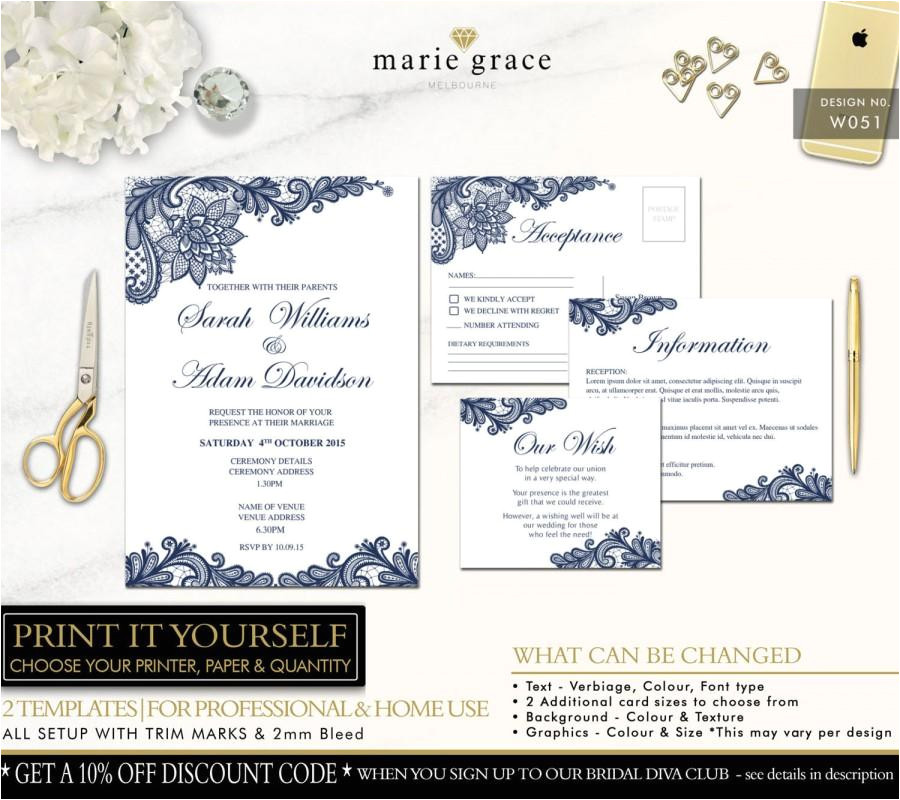 wedding invitation navy blue and lace wedding invitation template printable invite set