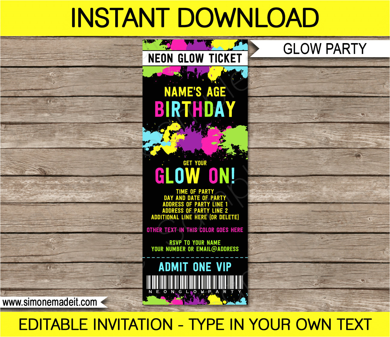 glow party ticket invitation template