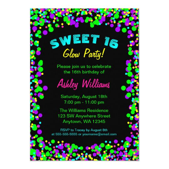 sweet 16 neon glow confetti birthday party invitation 256918795176200317