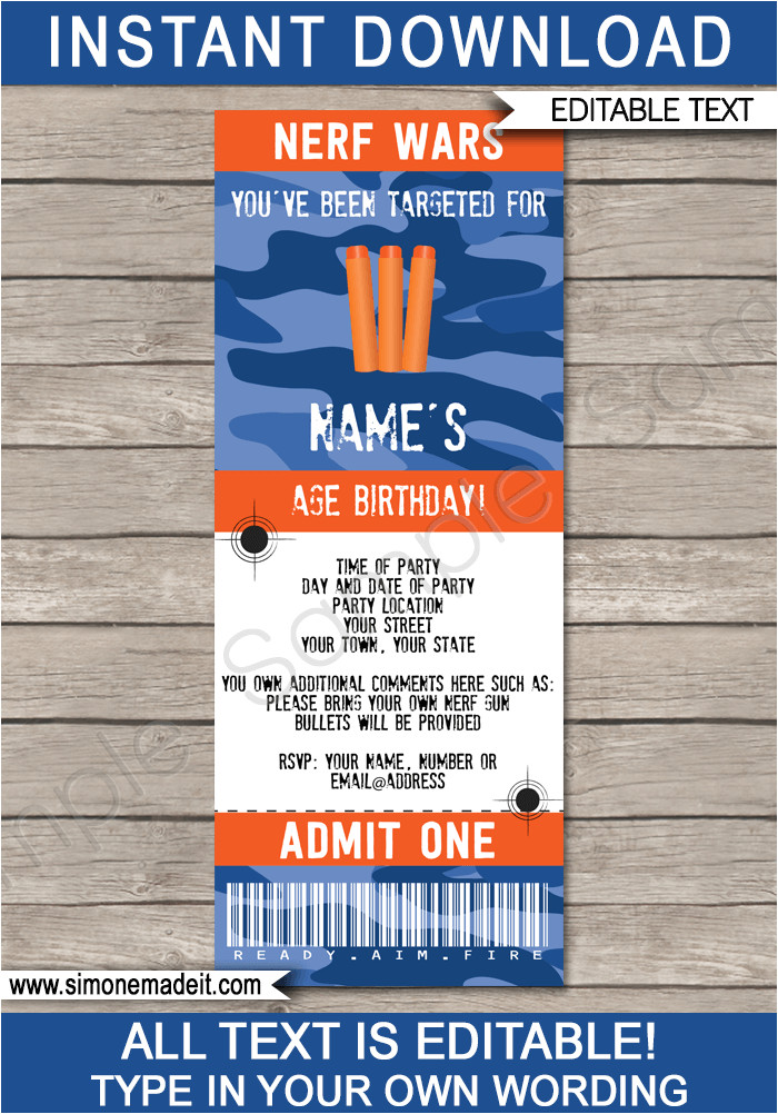 nerf party ticket invitation template