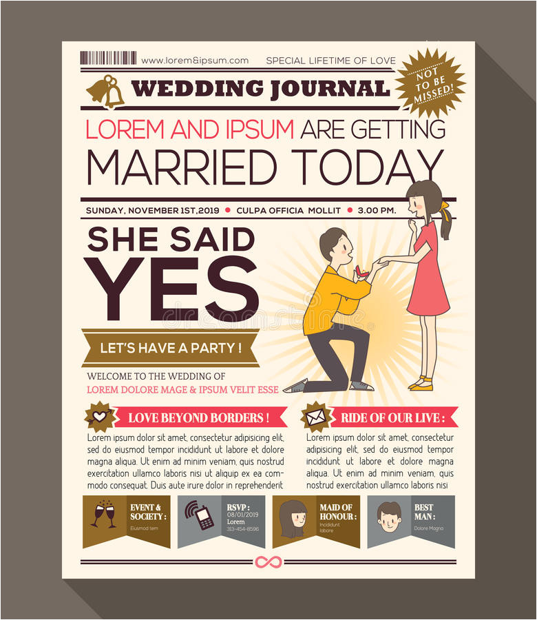 stock illustration cartoon newspaper wedding invitation card design journal vector template illustration man making propose ring image59337603