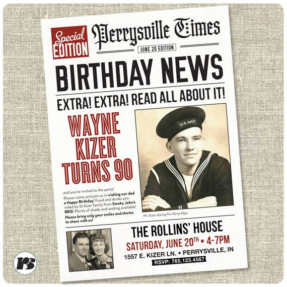 newspaper style birthday invitation card