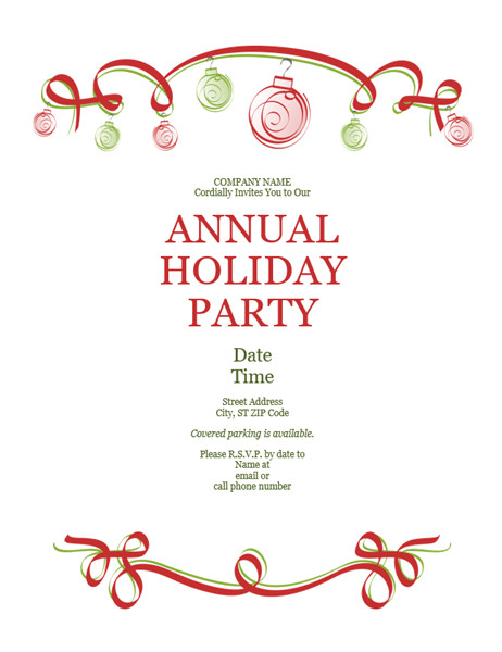 holiday party invitation with ornaments and red ribbon formal design tm10248065