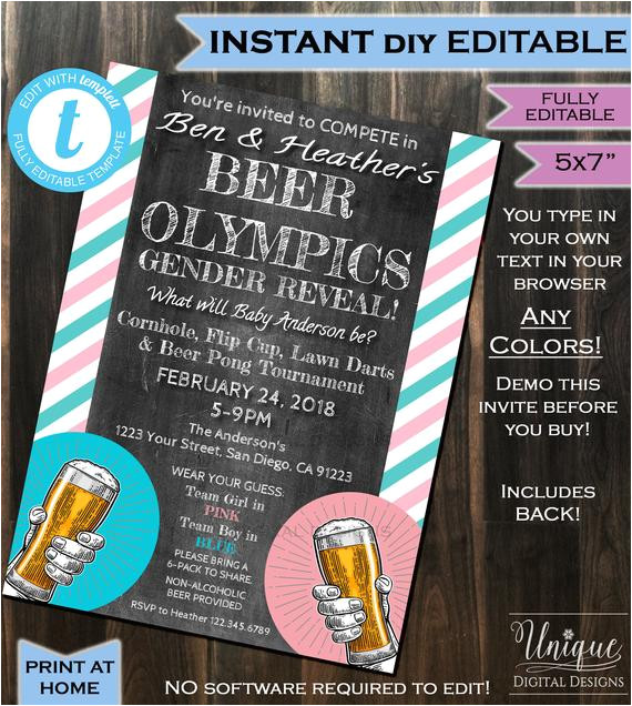 beer olympics gender reveal invitation