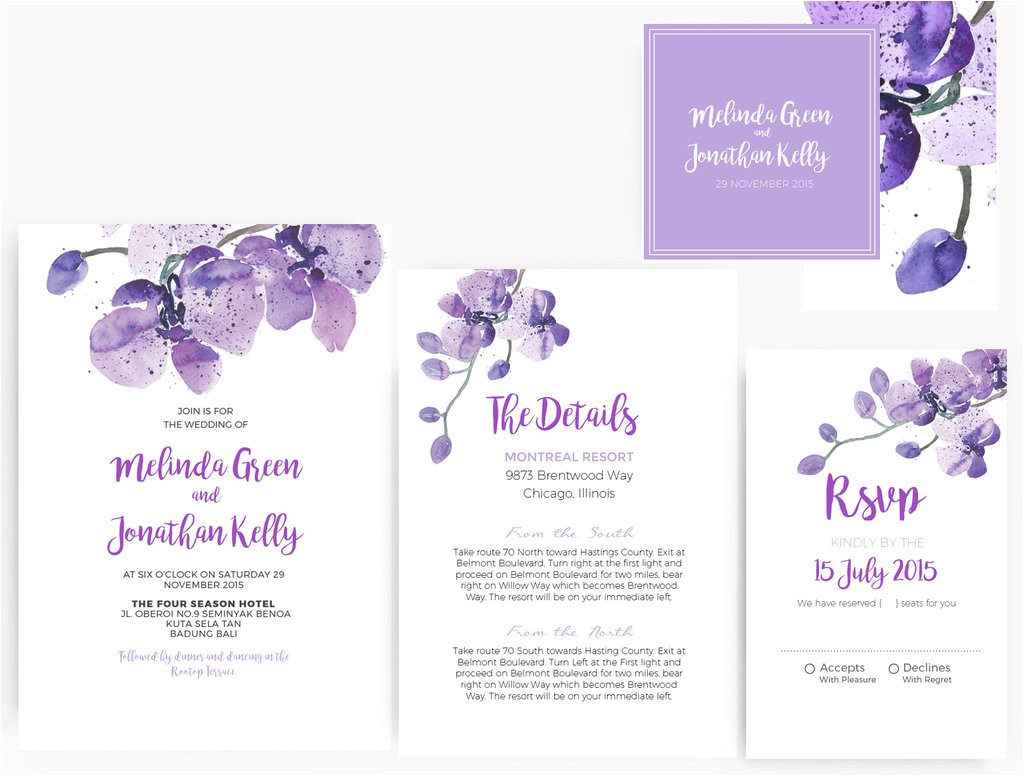 diy word template wedding invitation stationary set editable word template purple orchid