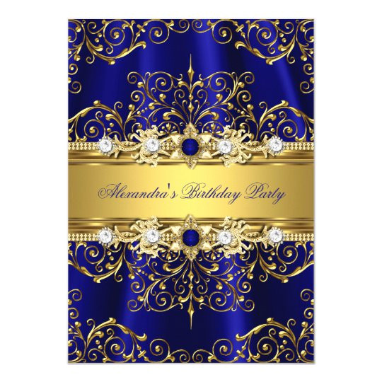 royal blue gold damask elegant birthday party card 256447345734280200