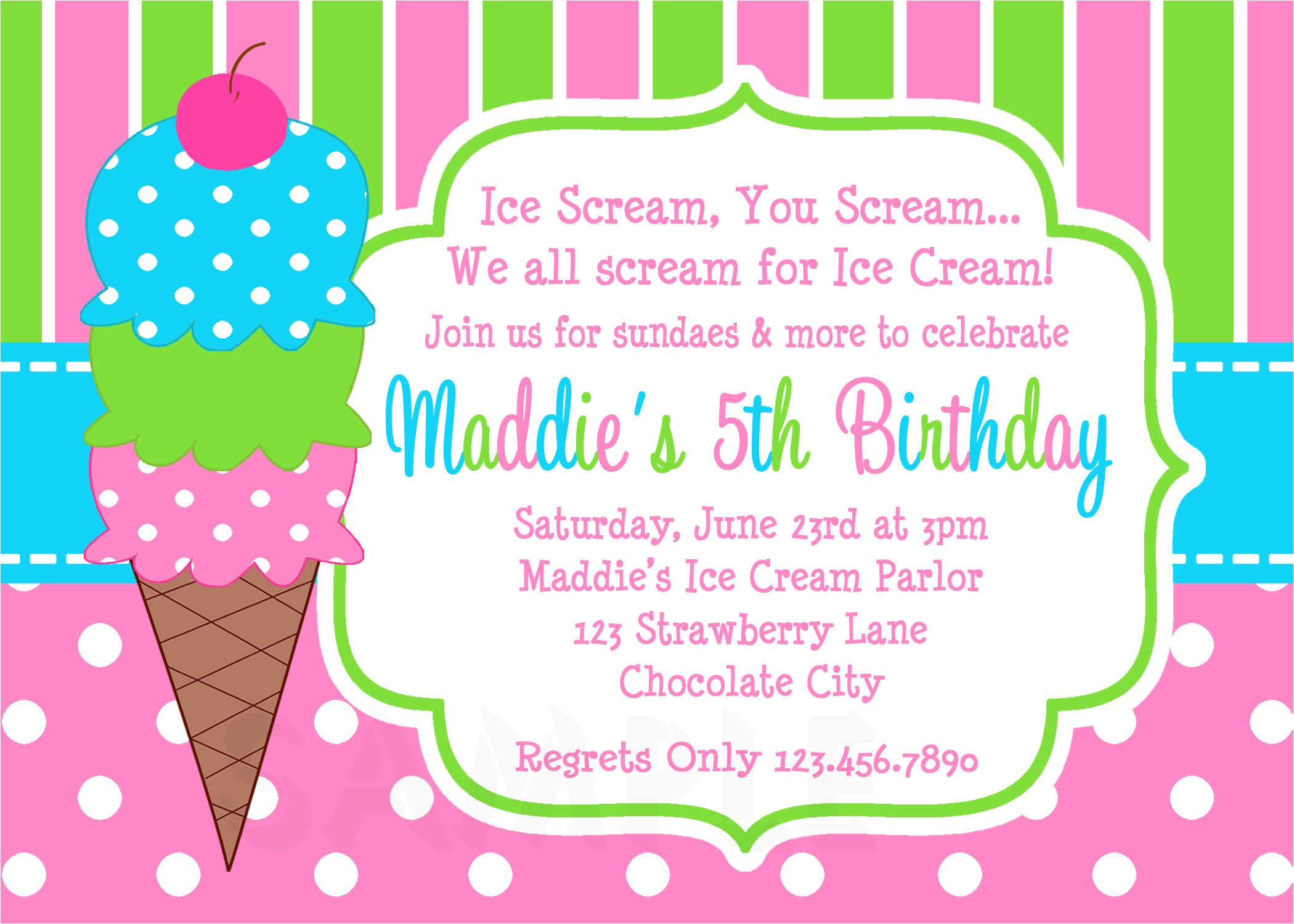 ice cream birthday party invitations pink green