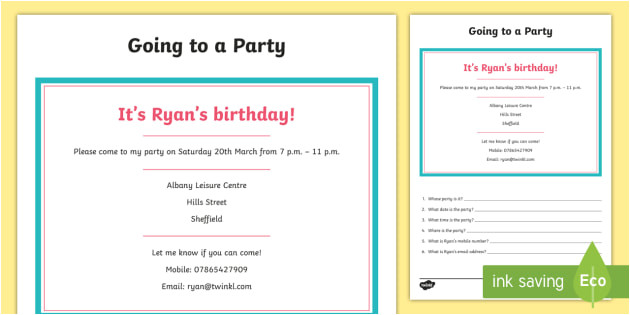 t4 p 3 entry level 1 reading comprehension party invitation activity sheet