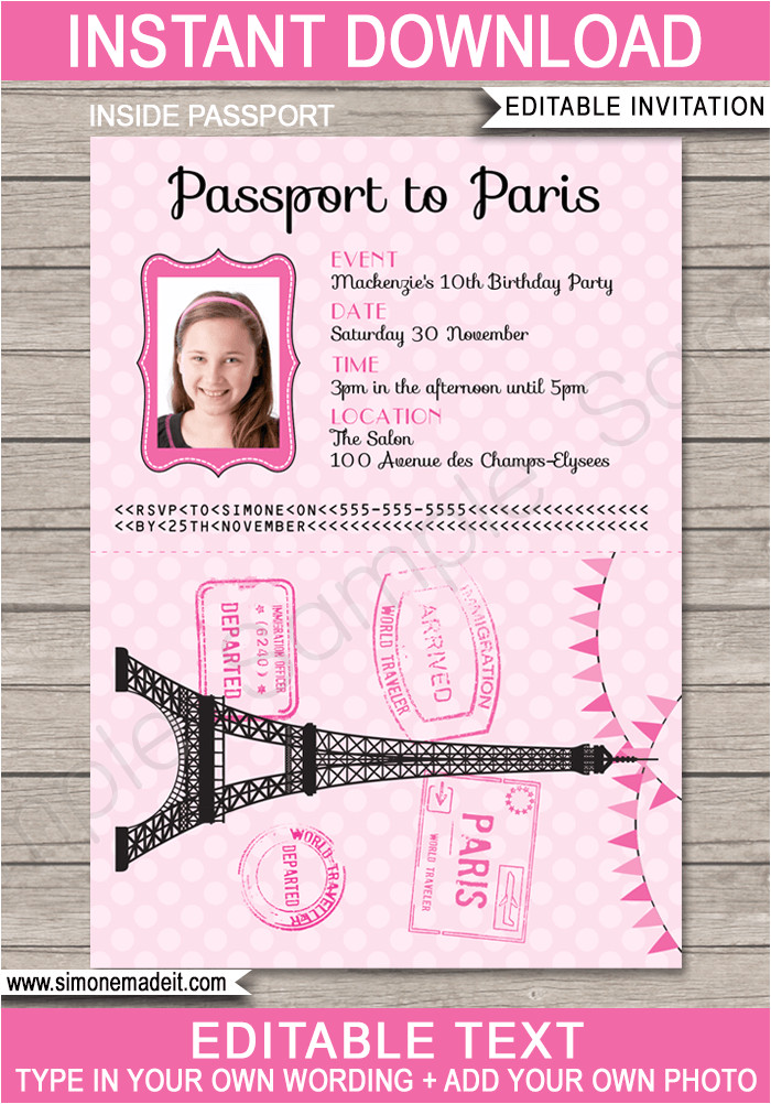 paris party passport invitations