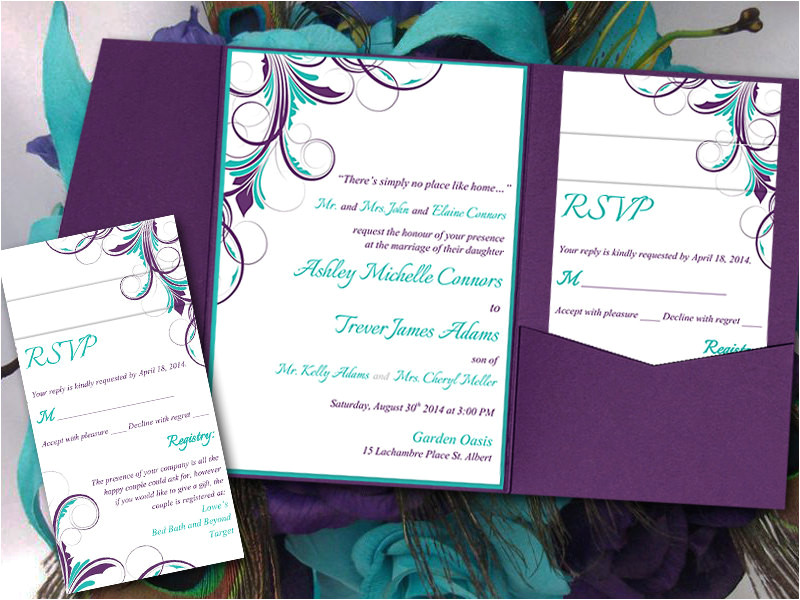 peacock pocketfold wedding invitation