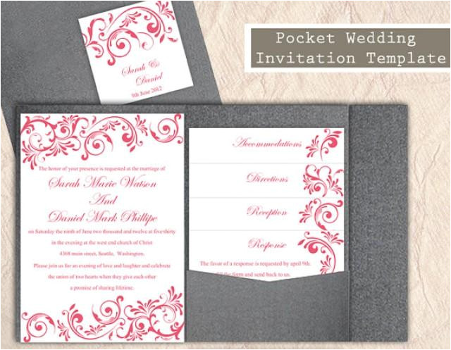 pocket wedding invitation template set diy download editable text word file pink wedding invitation fuchsia wedding printable invitation