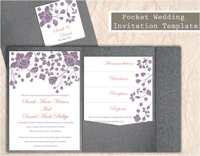 pocket wedding invitation template set diy editable word file download floral invitation eggplant wedding invitations printable invitation