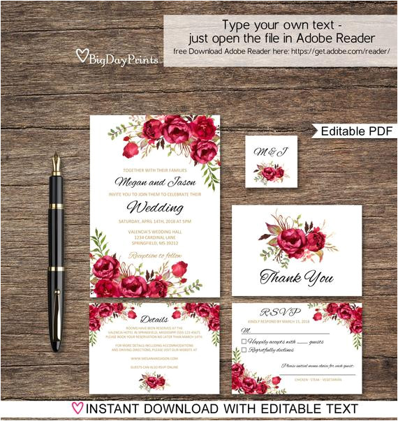 red wedding invitation template boho