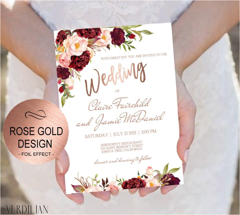 marsala rose gold wedding invitation